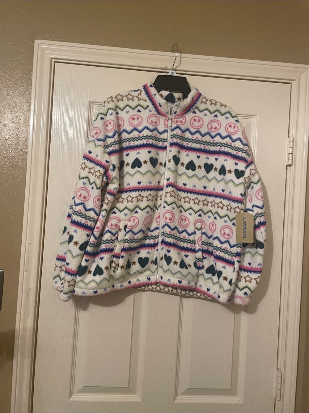 Thereabout Girls Cozy White Patterned Zip-Up Fleece Sweater